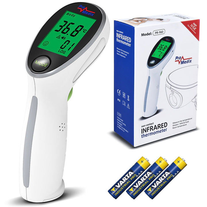 Promedix PR-960 berøringsfri infrarød medicinsk termometer + 2x AAA-batteri fra Varta Industrial