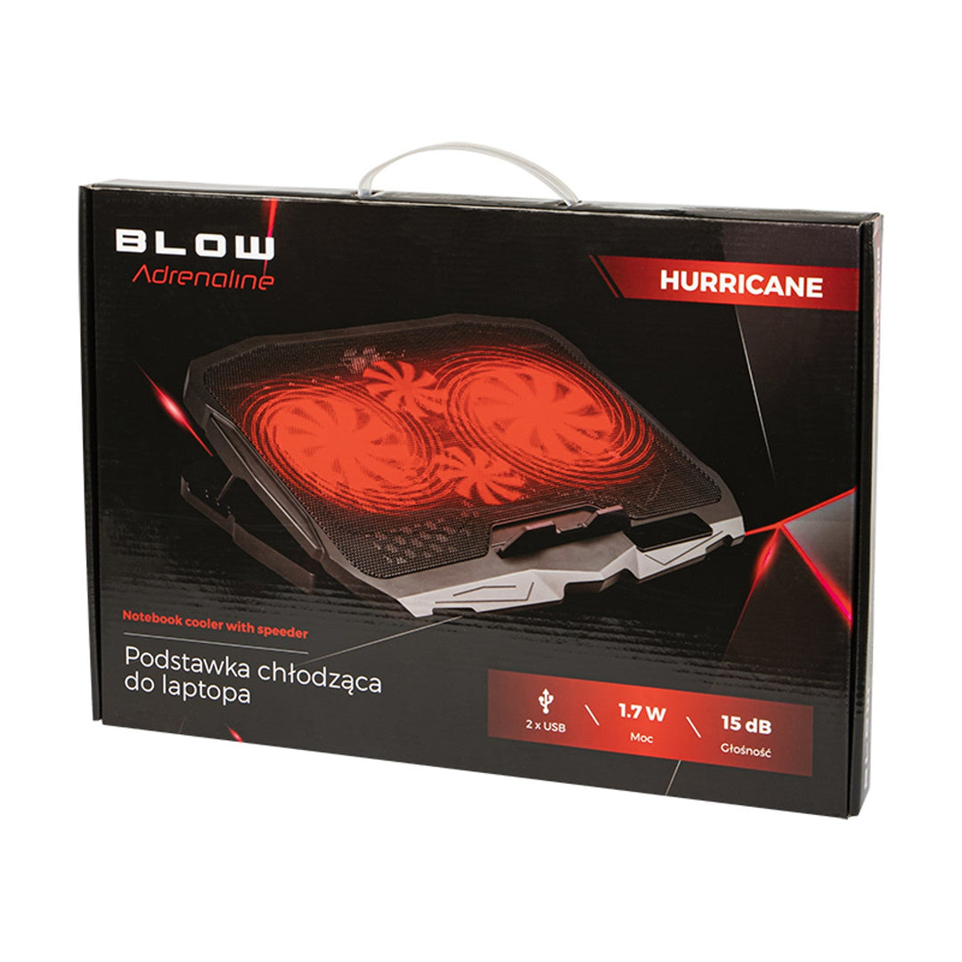 Blow Hurricane køleplade til bærbar computer, fire ventilatorer, rød baggrundsbelysning, indbygget USB-hub