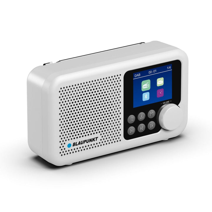 Bærbar Blaupunkt-radioudspiller, digitalt DAB+-radio og FM-tuner, Bluetooth, hovedtelefonudgang, 2,4-tommers farveskærm, ur- og alarmfunktion, batteridrevet og oplades via USB-C, DR8WH