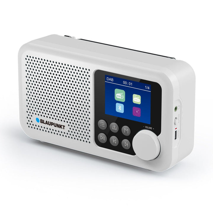 Bærbar Blaupunkt-radioudspiller, digitalt DAB+-radio og FM-tuner, Bluetooth, hovedtelefonudgang, 2,4-tommers farveskærm, ur- og alarmfunktion, batteridrevet og oplades via USB-C, DR8WH