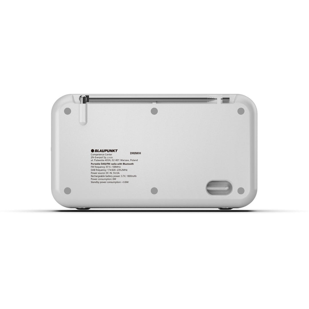 Bærbar Blaupunkt-radioudspiller, digitalt DAB+-radio og FM-tuner, Bluetooth, hovedtelefonudgang, 2,4-tommers farveskærm, ur- og alarmfunktion, batteridrevet og oplades via USB-C, DR8WH