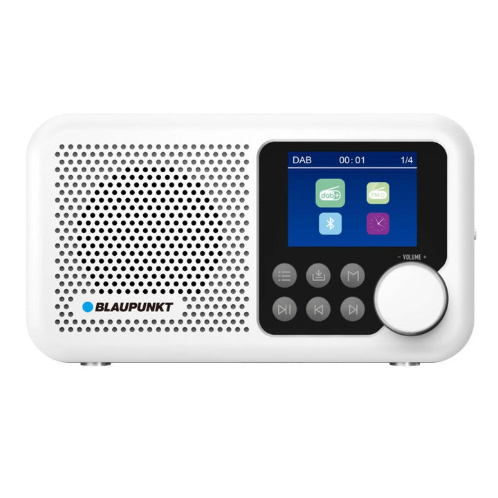 Bærbar Blaupunkt-radioudspiller, digitalt DAB+-radio og FM-tuner, Bluetooth, hovedtelefonudgang, 2,4-tommers farveskærm, ur- og alarmfunktion, batteridrevet og oplades via USB-C, DR8WH