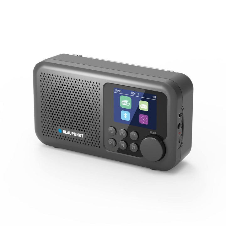 Bærbar Blaupunkt-radioudspiller, digitalt DAB+-radio og FM-tuner, Bluetooth, hovedtelefonudgang, 2,4 tommer farveskærm, ur- og alarmfunktion, batteridrevet og oplades via USB-C, DR8BK