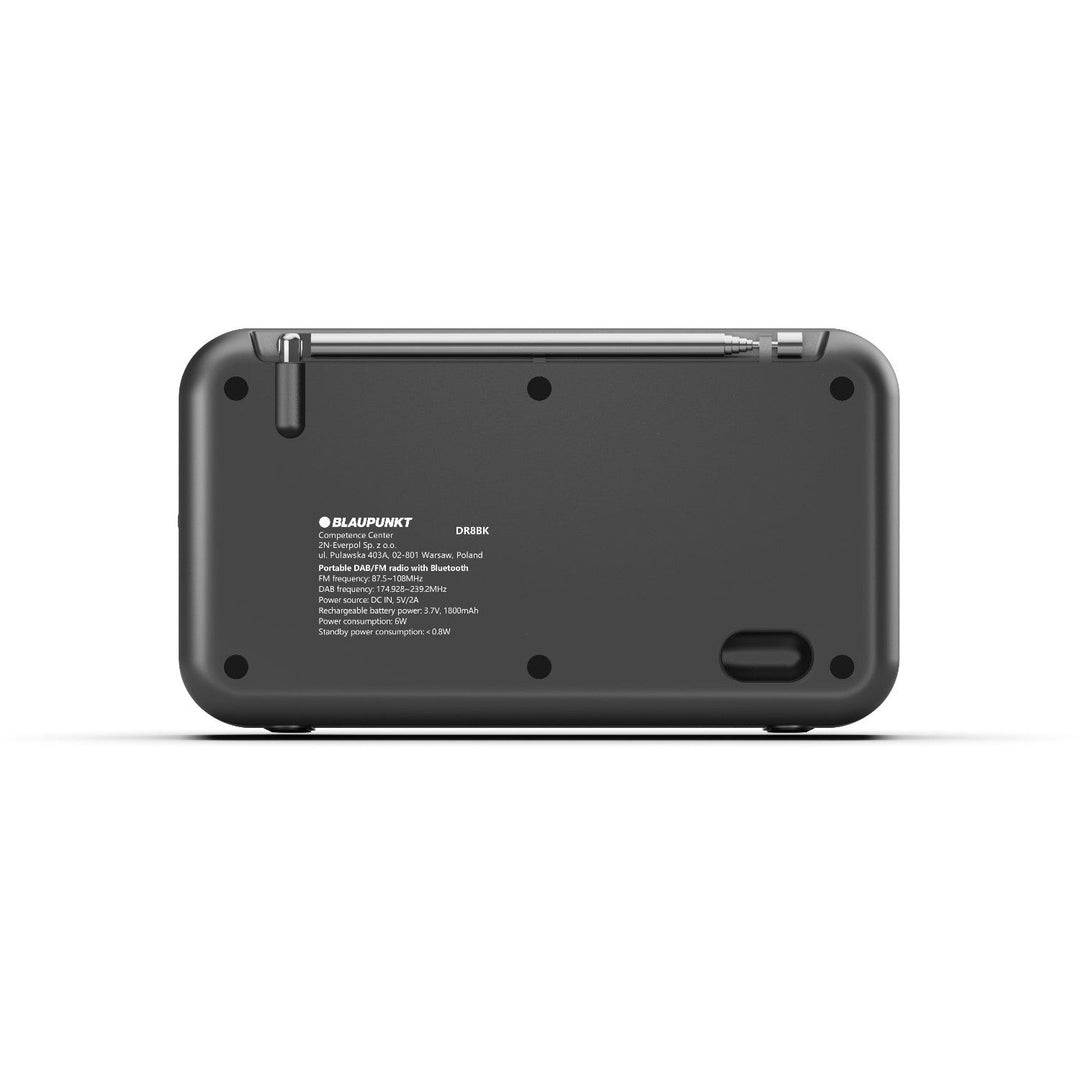 Bærbar Blaupunkt-radioudspiller, digitalt DAB+-radio og FM-tuner, Bluetooth, hovedtelefonudgang, 2,4 tommer farveskærm, ur- og alarmfunktion, batteridrevet og oplades via USB-C, DR8BK