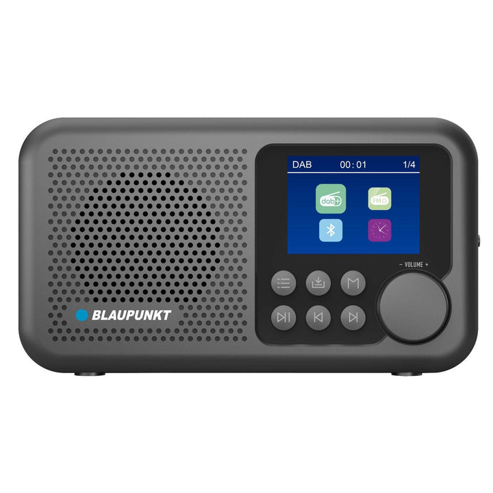 Bærbar Blaupunkt-radioudspiller, digitalt DAB+-radio og FM-tuner, Bluetooth, hovedtelefonudgang, 2,4 tommer farveskærm, ur- og alarmfunktion, batteridrevet og oplades via USB-C, DR8BK