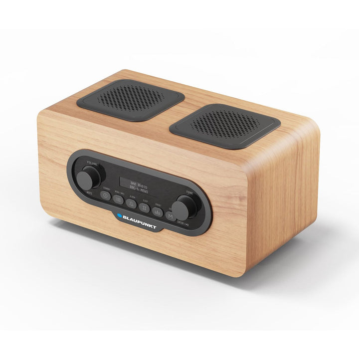 Bærbar Blaupunkt-radioudspiller, digitalt DAB+-radio og FM-tuner, Bluetooth, hovedtelefonudgang, USB- og microSD-afspiller, LCD-display, ur- og alarmfunktion, strømforsynes af et batteri, der oplades via USB-C, DR10CR