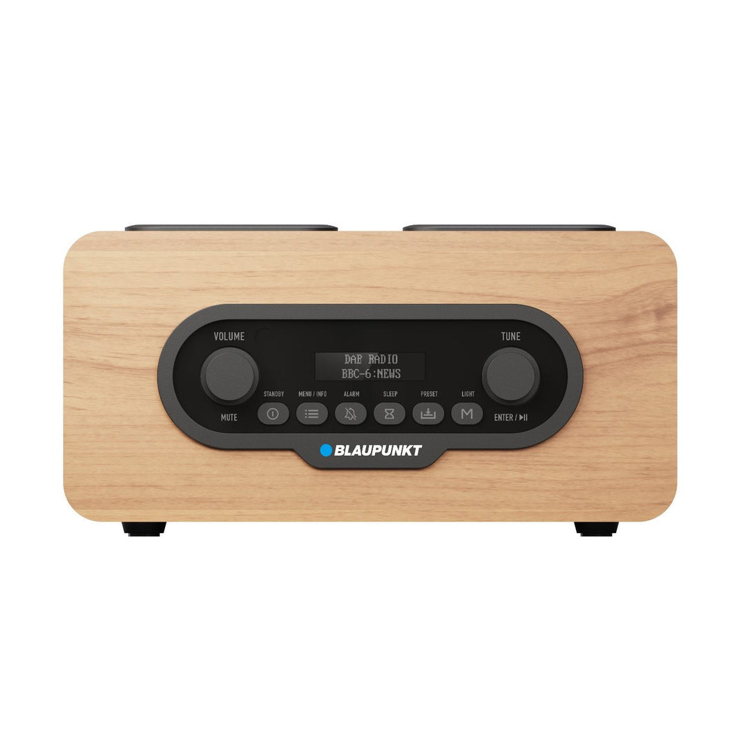Bærbar Blaupunkt-radioudspiller, digitalt DAB+-radio og FM-tuner, Bluetooth, hovedtelefonudgang, USB- og microSD-afspiller, LCD-display, ur- og alarmfunktion, strømforsynes af et batteri, der oplades via USB-C, DR10CR