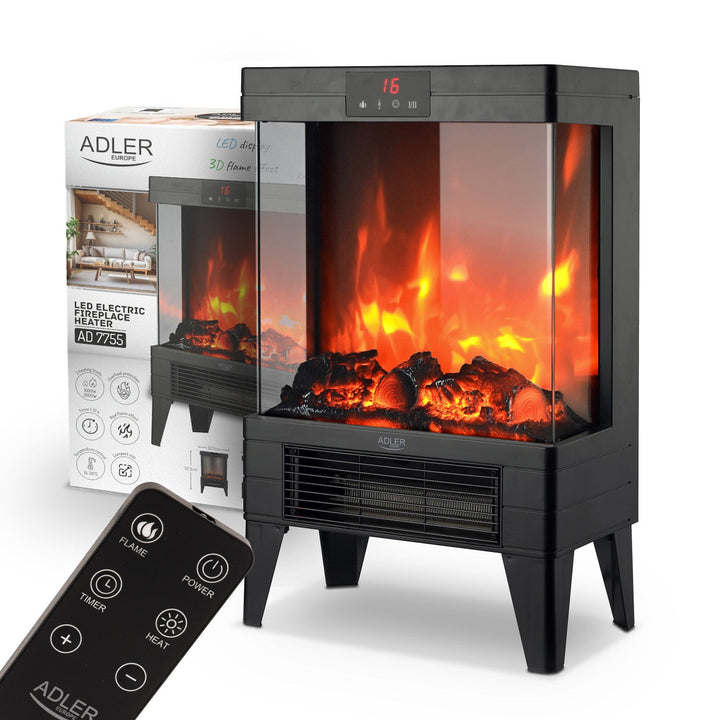 Elektrisk LED-pejs med fjernbetjening, 2 varmeeffekter 1000 W/2000 W, termostat, Adler AD 7755