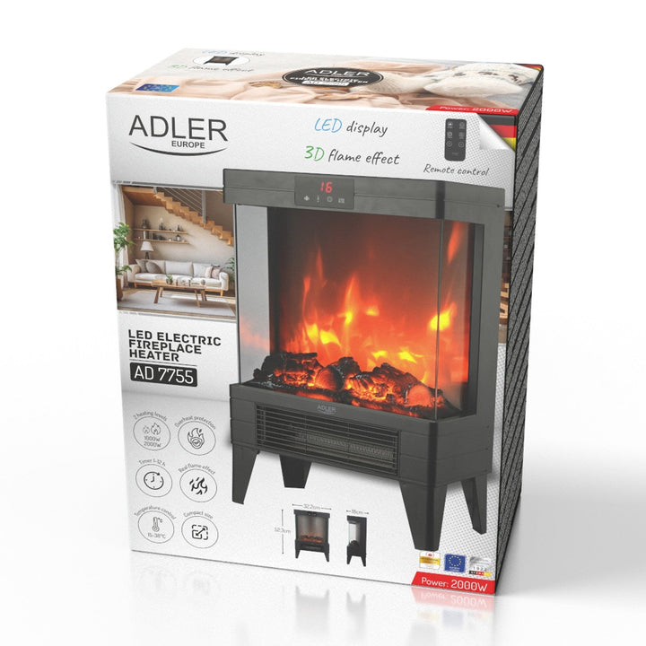 Elektrisk LED-pejs med fjernbetjening, 2 varmeeffekter 1000 W/2000 W, termostat, Adler AD 7755