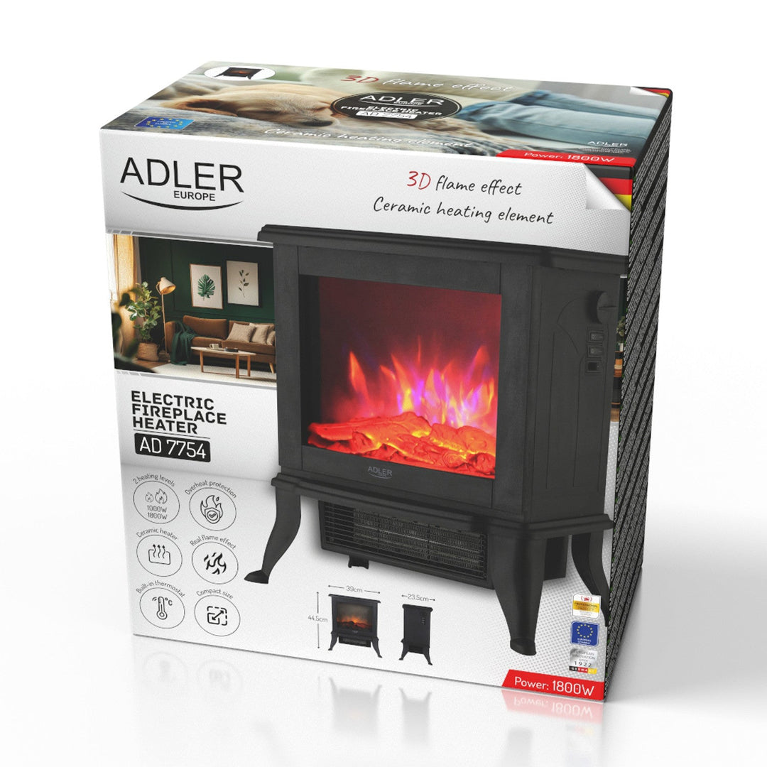 Adler elektrisk pejs, 2 varmeindstillinger, maks. effekt 1800 W, termostat, 3D-flammeeffekt, AD 7754