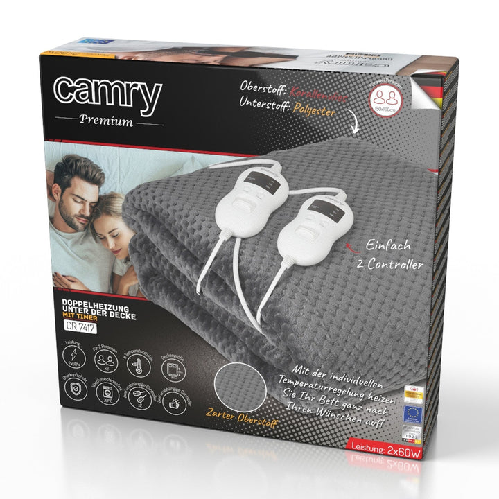Camry elektrisk tæppe, til 2 personer, mål 150 x 160 cm, 8 varmeindstillinger, effekt 2 x 60 W, grå, CR 7417