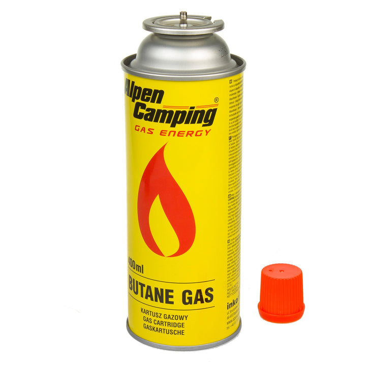 400 ml gaspatron Alpen Camping. Certifikat: Pi 0875, i overensstemmelse med standard EN417, isobutan, anvendelsesområde -10 °C til +40 °C, IK004, 3 stk.