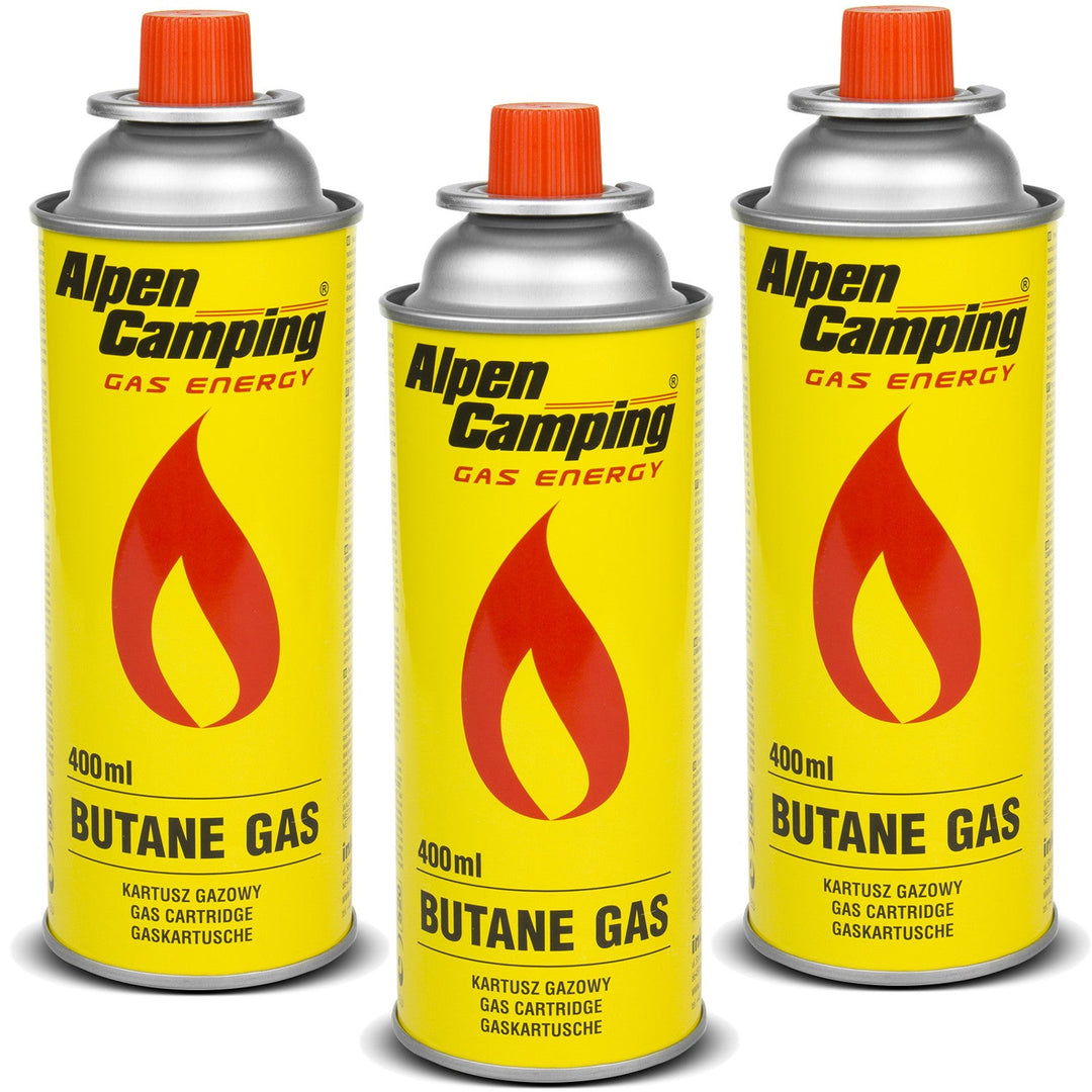 400 ml gaspatron Alpen Camping. Certifikat: Pi 0875, i overensstemmelse med standard EN417, isobutan, anvendelsesområde -10 °C til +40 °C, IK004, 3 stk.