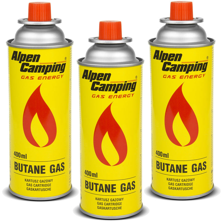 400 ml gaspatron Alpen Camping. Certifikat: Pi 0875, i overensstemmelse med standard EN417, isobutan, anvendelsesområde -10 °C til +40 °C, IK004, 3 stk.