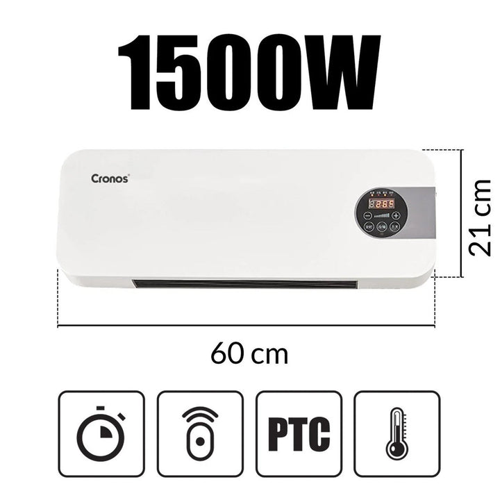 Cronos varmluftventilator, effekt 1500 W, lavt strømforbrug, bred blæsevinkel, fjernbetjening, HFH-201