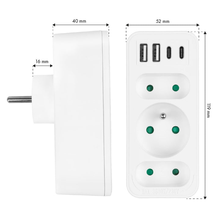 Stikkontakt x3 + 4xUSB Maclean, splitter med 3 stikkontakter, 2xUSB A, 2xUSB C PD 20W, 1x16A + 2x6A, MCE248 F/W, 2 stk.