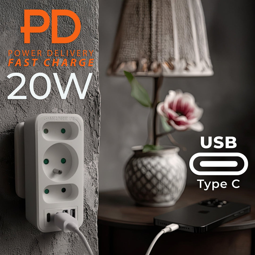 Stikkontakt x3 + 4xUSB Maclean, splitter med 3 stikkontakter, 2xUSB A, 2xUSB C PD 20W, 1x16A + 2x6A, MCE248 F/W, 2 stk.