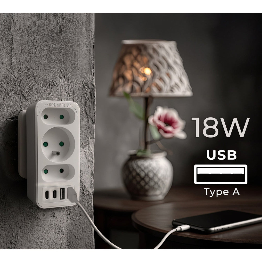 Stikkontakt x3 + 4xUSB Maclean, splitter med 3 stikkontakter, 2xUSB A, 2xUSB C PD 20W, 1x16A + 2x6A, MCE248 F/W, 2 stk.