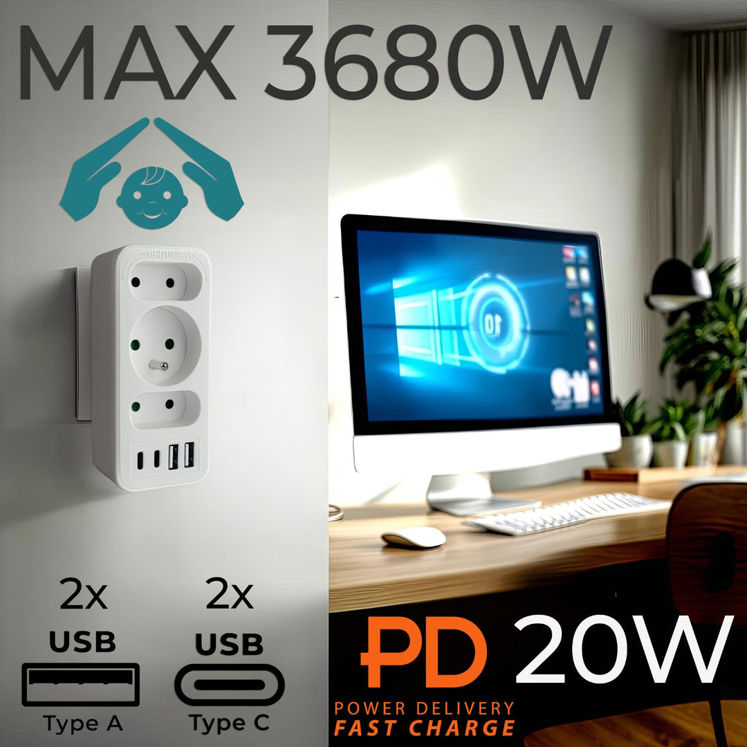 Stikkontakt x3 + 4xUSB Maclean, splitter med 3 stikkontakter, 2xUSB A, 2xUSB C PD 20W, 1x16A + 2x6A, MCE248 F/W, 2 stk.