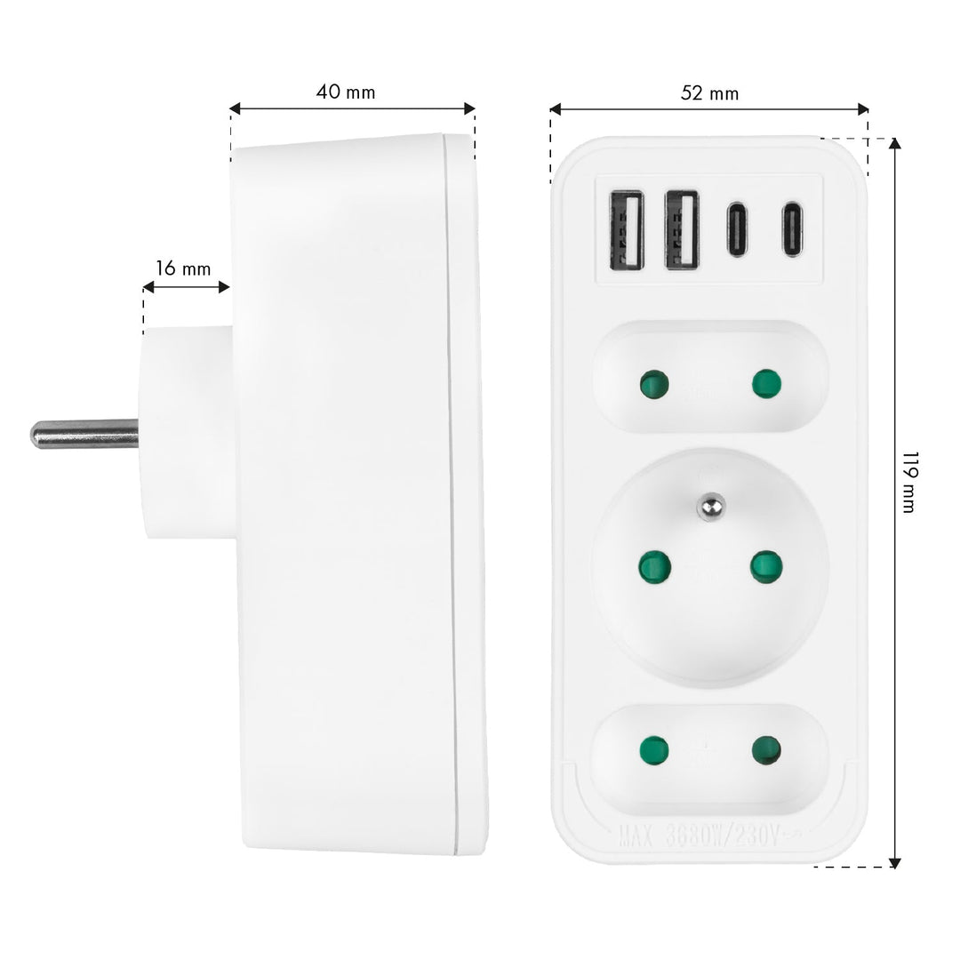 Stikkontakt x3 + 4xUSB Maclean, stikdåse med 3 stik, 2xUSB A, 2xUSB C PD 20W, 1x16A + 2x6A, MCE248 F/W, 3 stk.