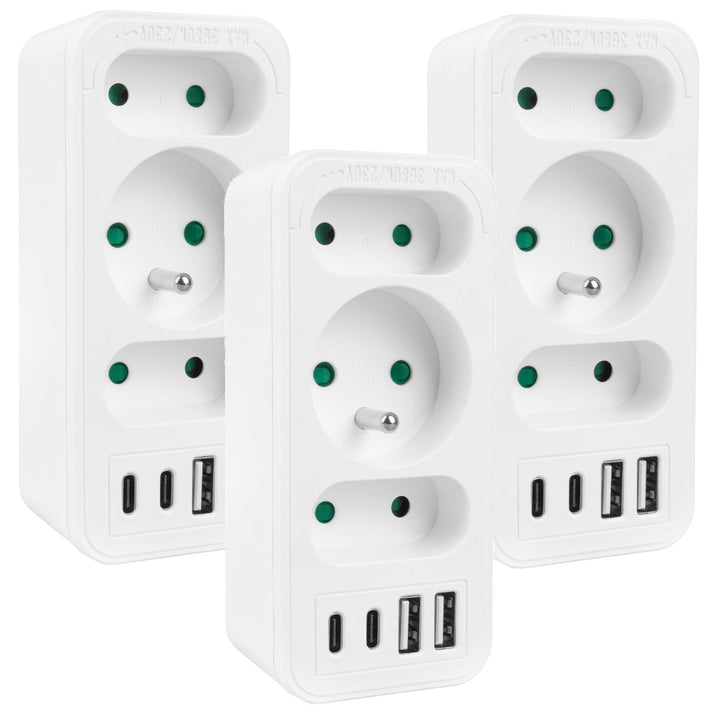 Stikkontakt x3 + 4xUSB Maclean, stikdåse med 3 stik, 2xUSB A, 2xUSB C PD 20W, 1x16A + 2x6A, MCE248 F/W, 3 stk.