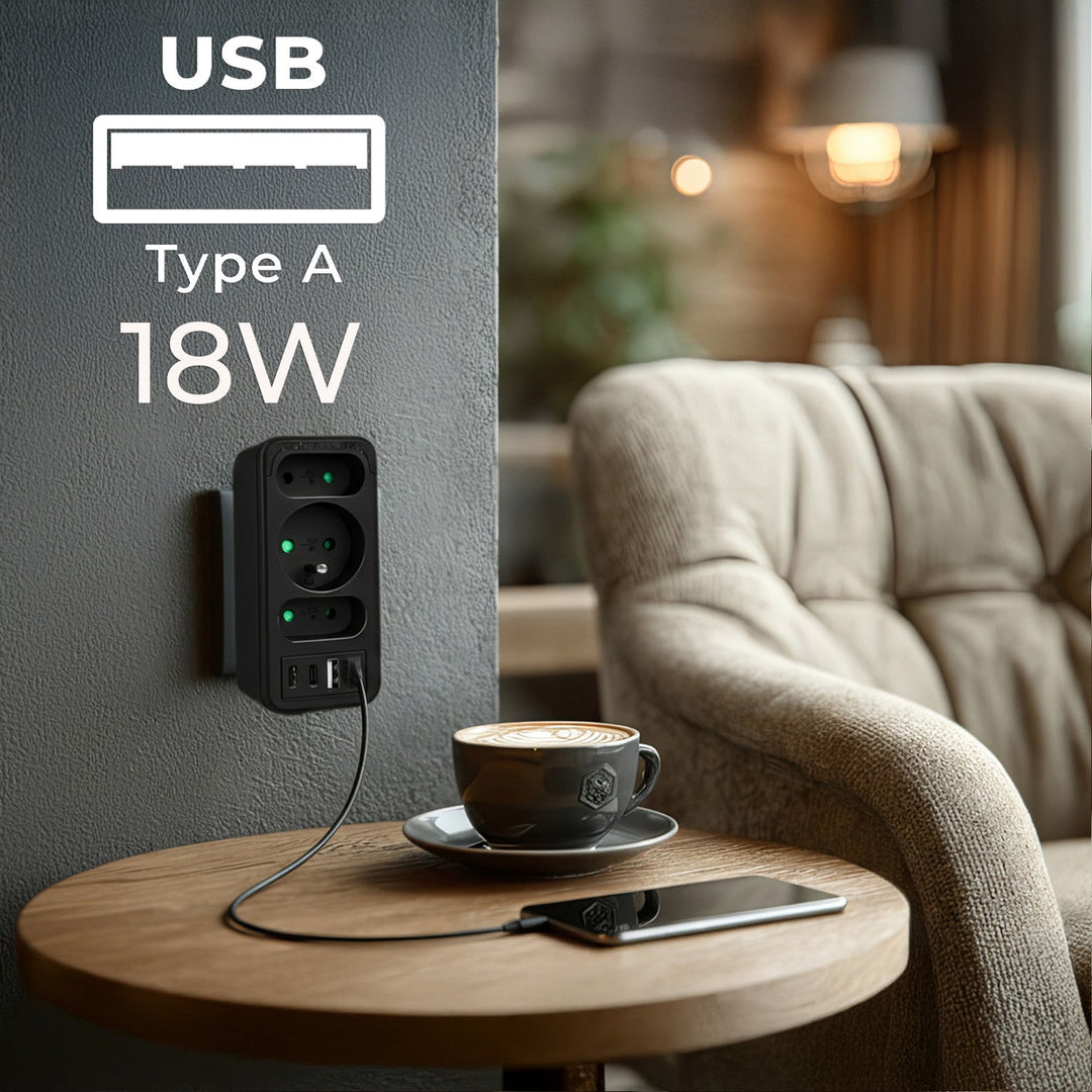 Stikkontakt x3 + 4xUSB Maclean, splitter med 3 stikkontakter, 2xUSB A, 2xUSB C PD 20W, 1x16A + 2x6A, MCE248 F/B, 2 stk.