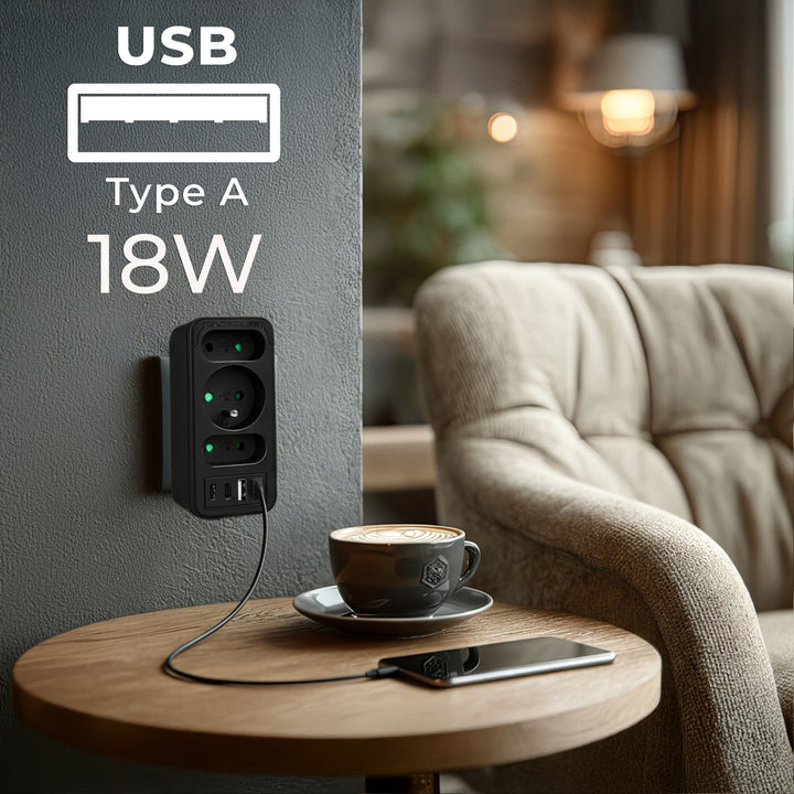 Stikkontakt x3 + 4xUSB Maclean, splitter med 3 stikkontakter, 2xUSB A, 2xUSB C PD 20W, 1x16A + 2x6A, MCE248 F/B, 2 stk.