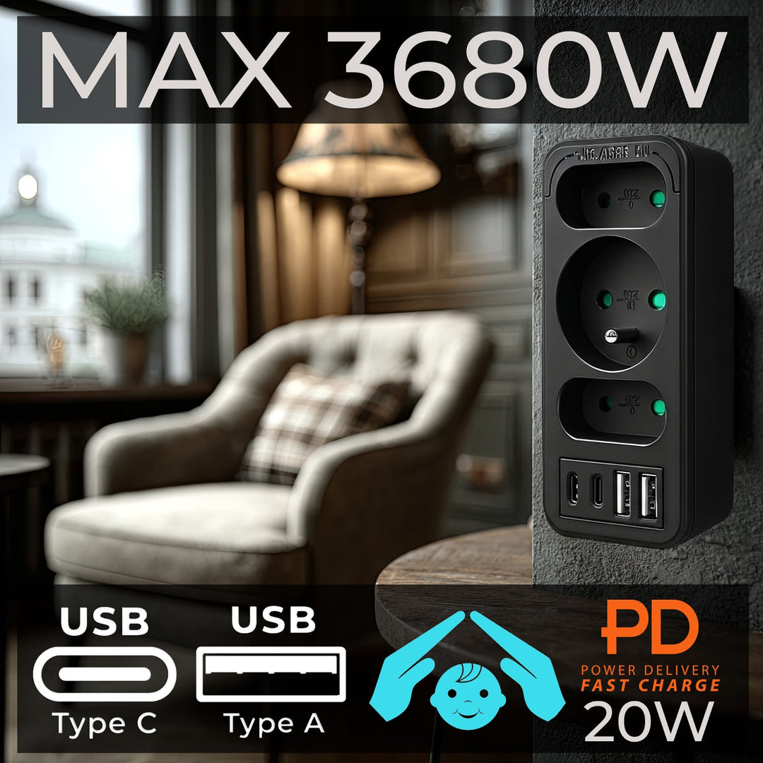 Stikkontakt x3 + 4xUSB Maclean, splitter med 3 stikkontakter, 2xUSB A, 2xUSB C PD 20W, 1x16A + 2x6A, MCE248 F/B, 3 stk.