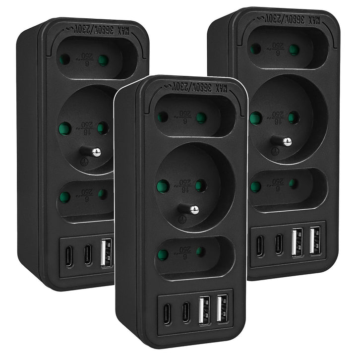 Stikkontakt x3 + 4xUSB Maclean, splitter med 3 stikkontakter, 2xUSB A, 2xUSB C PD 20W, 1x16A + 2x6A, MCE248 F/B, 3 stk.