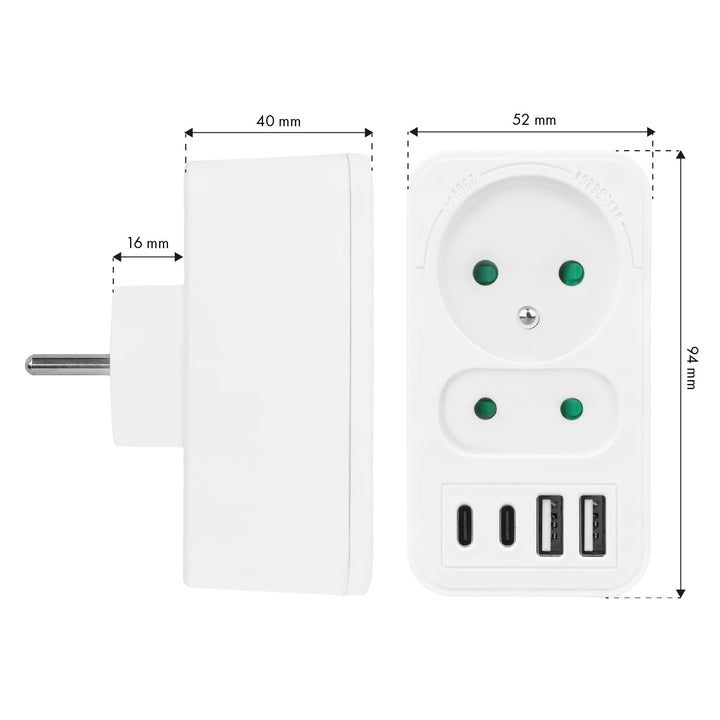 Stikkontakt x2 + 4xUSB Maclean, splitter med 2 stik, 2xUSB A, 2xUSB C PD 20W, 1x16A + 1x6A, MCE249 F/W, 2 stk.