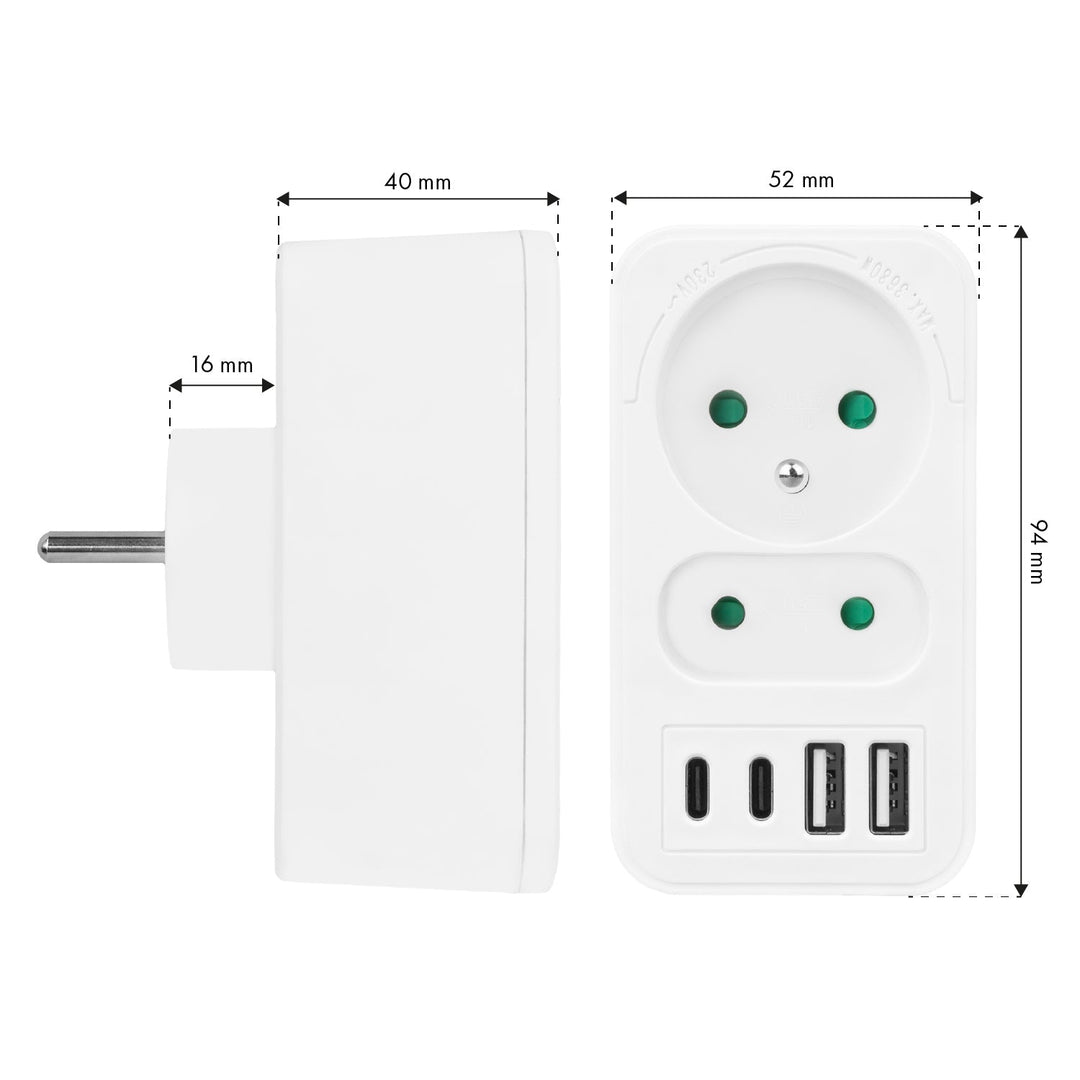 Stikkontakt x2 + 4xUSB Maclean, splitter med 2 stik, 2xUSB A, 2xUSB C PD 20W, 1x16A + 1x6A, MCE249 F/W, 3 stk.