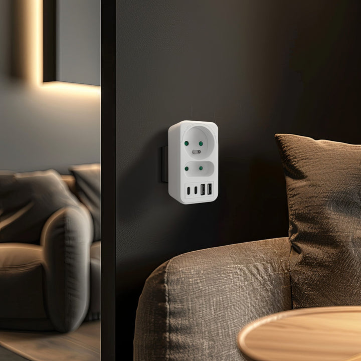 Stikkontakt x2 + 4xUSB Maclean, splitter med 2 stik, 2xUSB A, 2xUSB C PD 20W, 1x16A + 1x6A, MCE249 F/W, 3 stk.