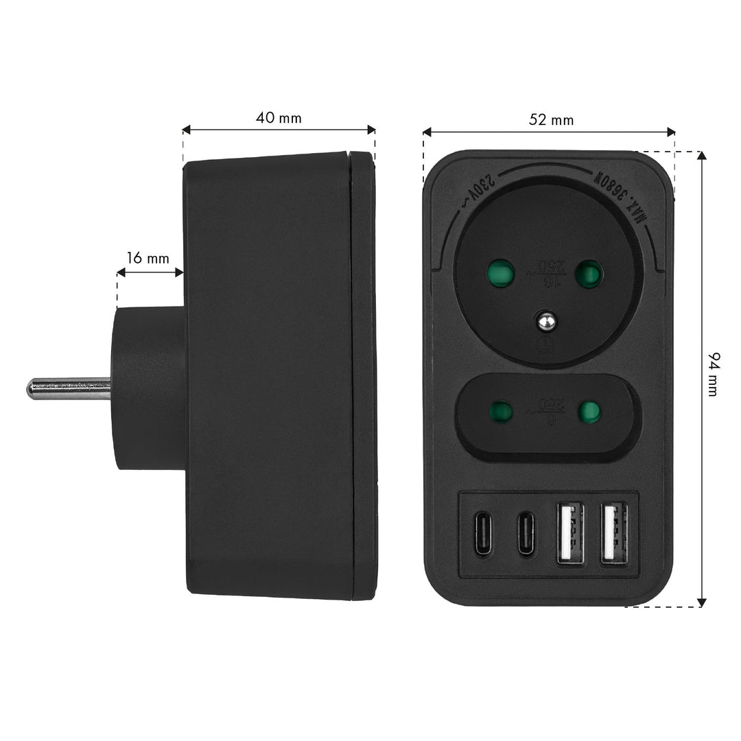 Stikkontakt x2 + 4xUSB Maclean, splitter med 2 stik, 2xUSB A, 2xUSB C PD 20W, 1x16A + 1x6A, MCE249 F/B, 2 stk.
