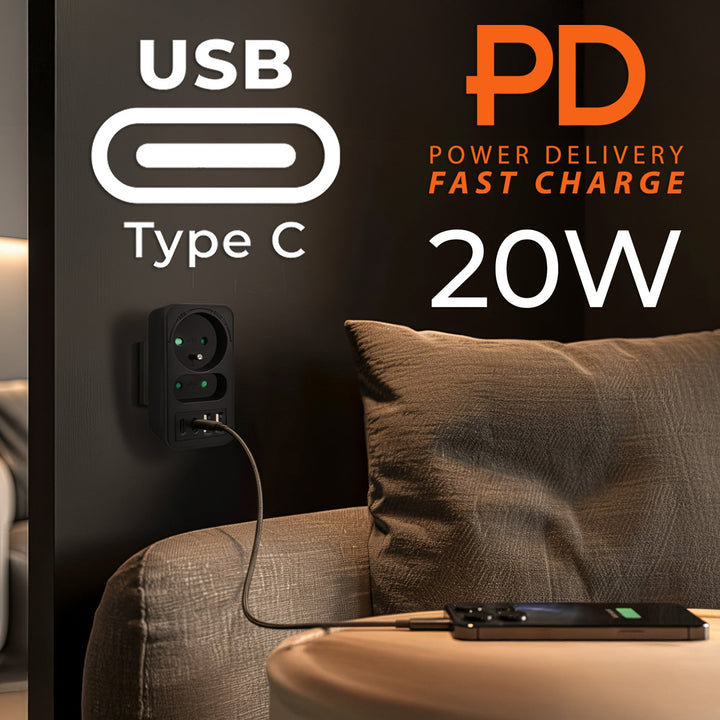 Stikkontakt x2 + 4xUSB Maclean, splitter med 2 stik, 2xUSB A, 2xUSB C PD 20W, 1x16A + 1x6A, MCE249 F/B, 2 stk.
