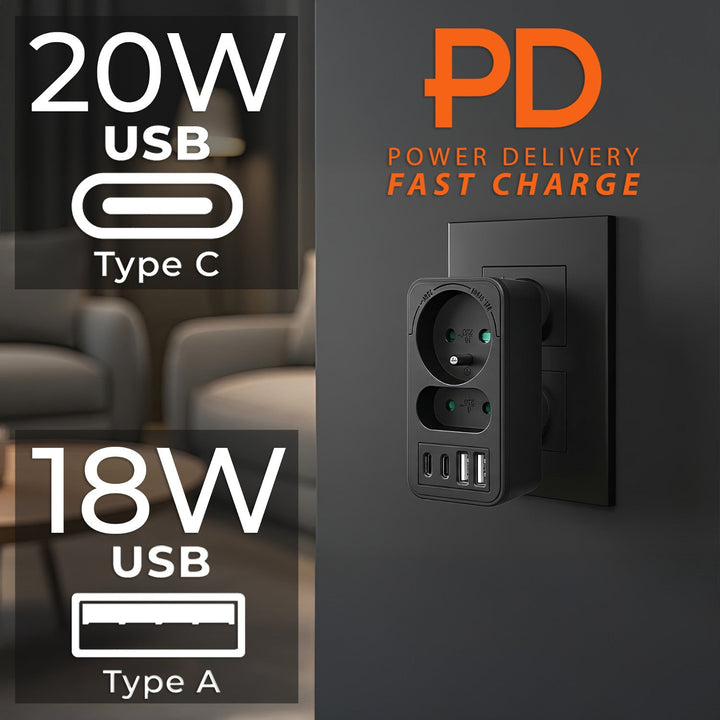 Stikkontakt x2 + 4xUSB Maclean, splitter med 2 stik, 2xUSB A, 2xUSB C PD 20W, 1x16A + 1x6A, MCE249 F/B, 3 stk.