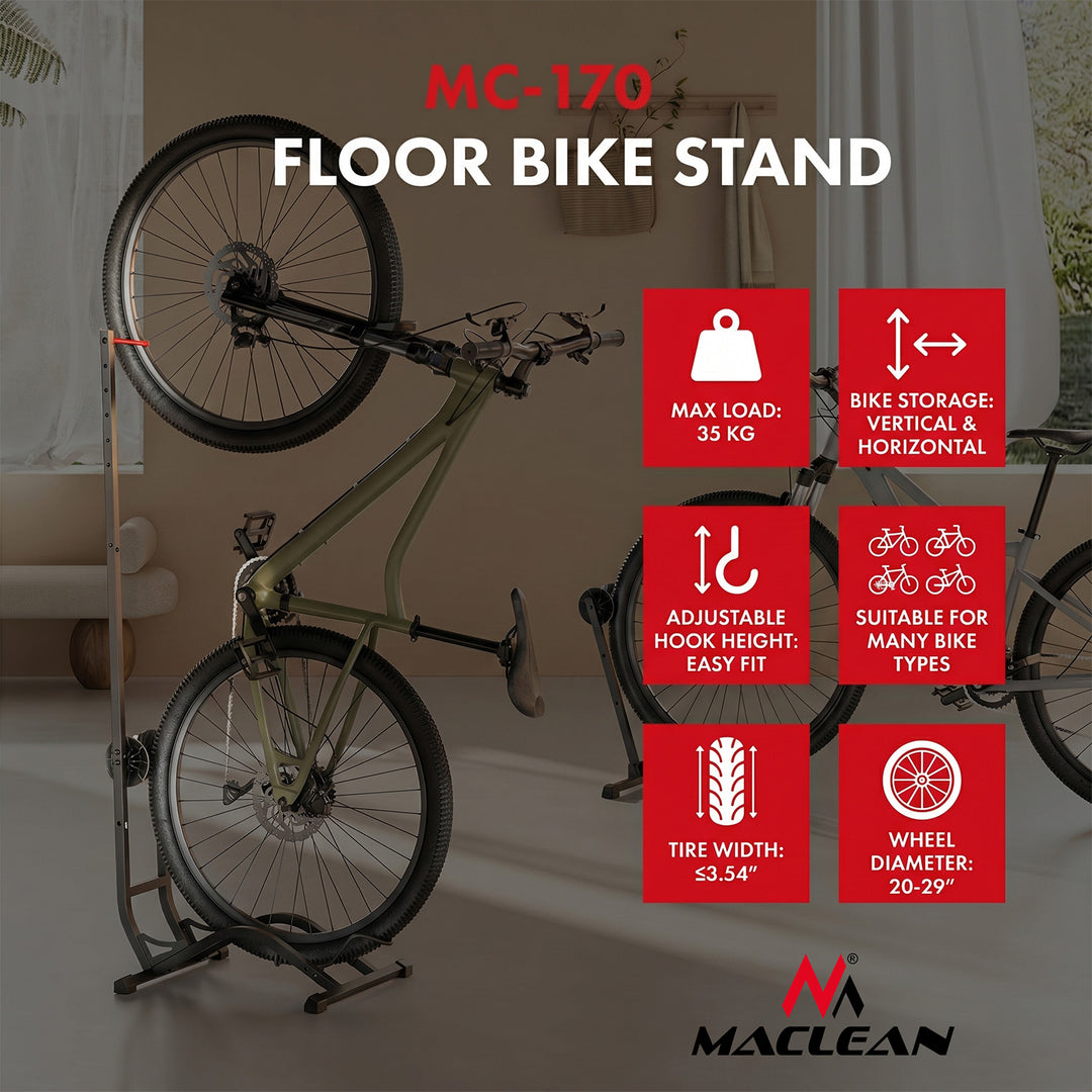 Maclean gulvcykelstativ, fritstående, vandret/lodret, til opbevaring, stål, maks. belastning 35 kg, MC-170