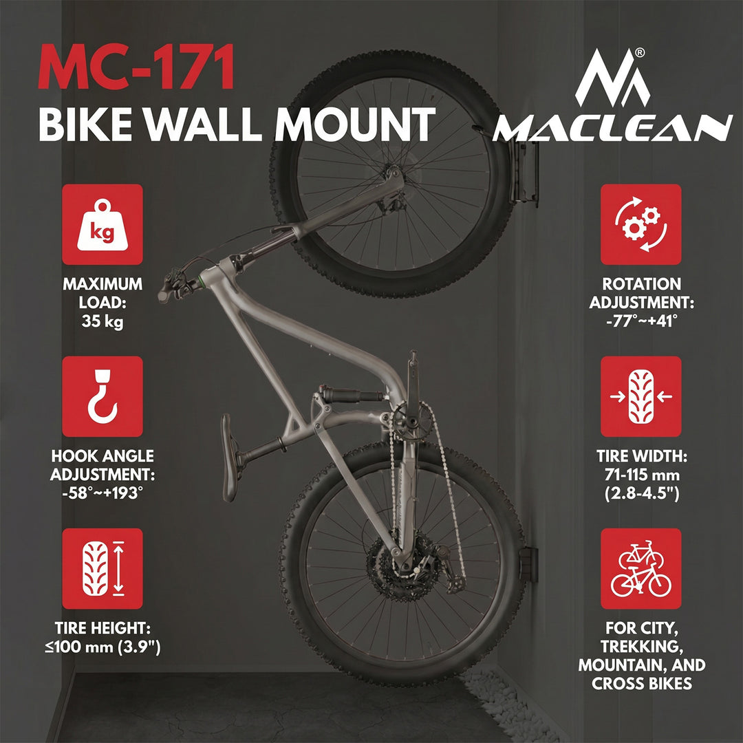 Maclean cykelholder/vægophæng, maks. belastning 35 kg, justerbar hældningsvinkel, stål, MC-171