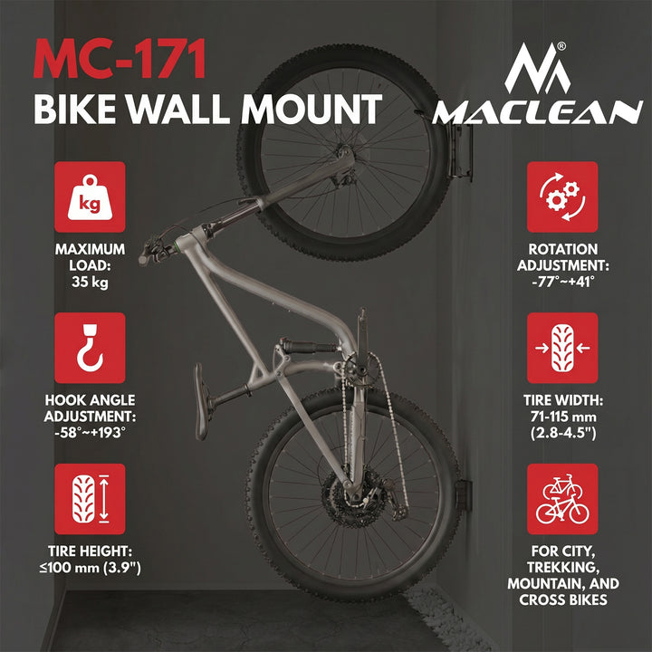 Maclean cykelholder/vægophæng, maks. belastning 35 kg, justerbar hældningsvinkel, stål, MC-171