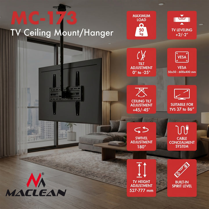 Loftsbeslag til TV fra Maclean, maks. belastning 50 kg, 37-86", maks. VESA 600x400, MC-173