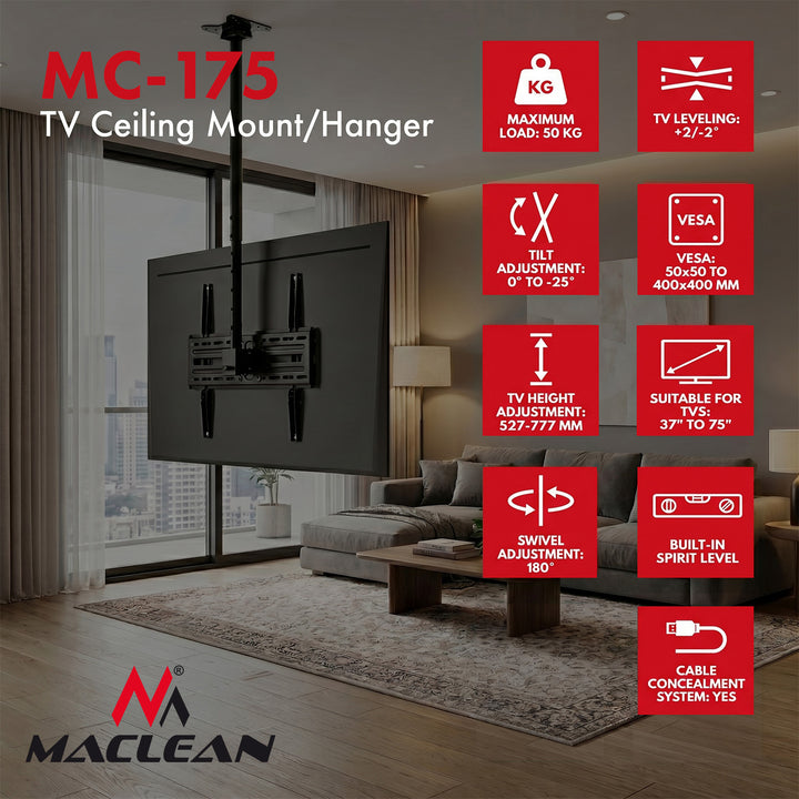 Maclean loftsbeslag til TV, maks. belastning 50 kg, 37-75", maks. VESA 400x400, MC-175