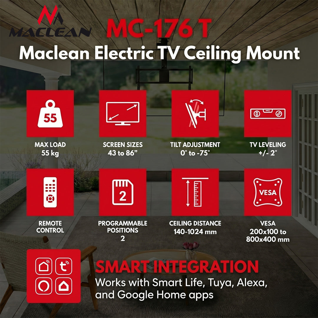 Maclean elektrisk TV-beslag til loftmontering, Tuya-kompatibel, maks. VESA 800x400, til TV 43-86", maks. 55 kg, MC-176 T