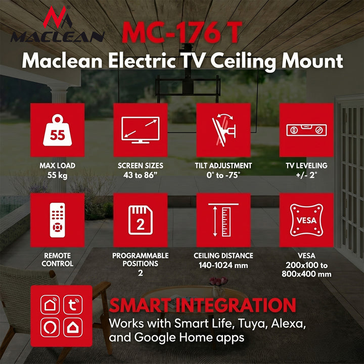 Maclean elektrisk TV-beslag til loftmontering, Tuya-kompatibel, maks. VESA 800x400, til TV 43-86", maks. 55 kg, MC-176 T