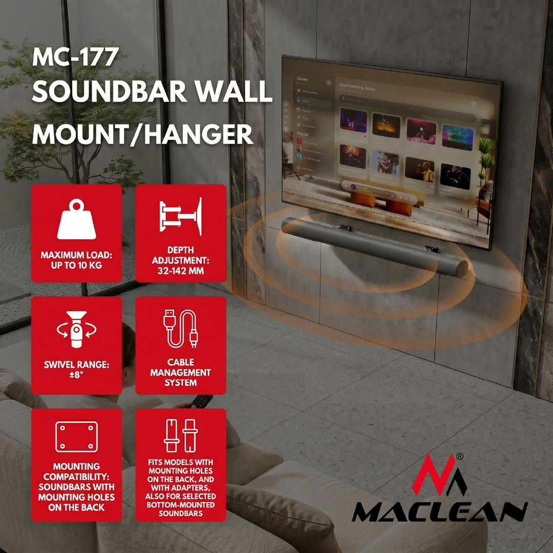 Vægbeslag til Maclean-soundbar, vinkeljustering +8°~-8°, maks. belastning 10 kg, fremstillet af stål, MC-177
