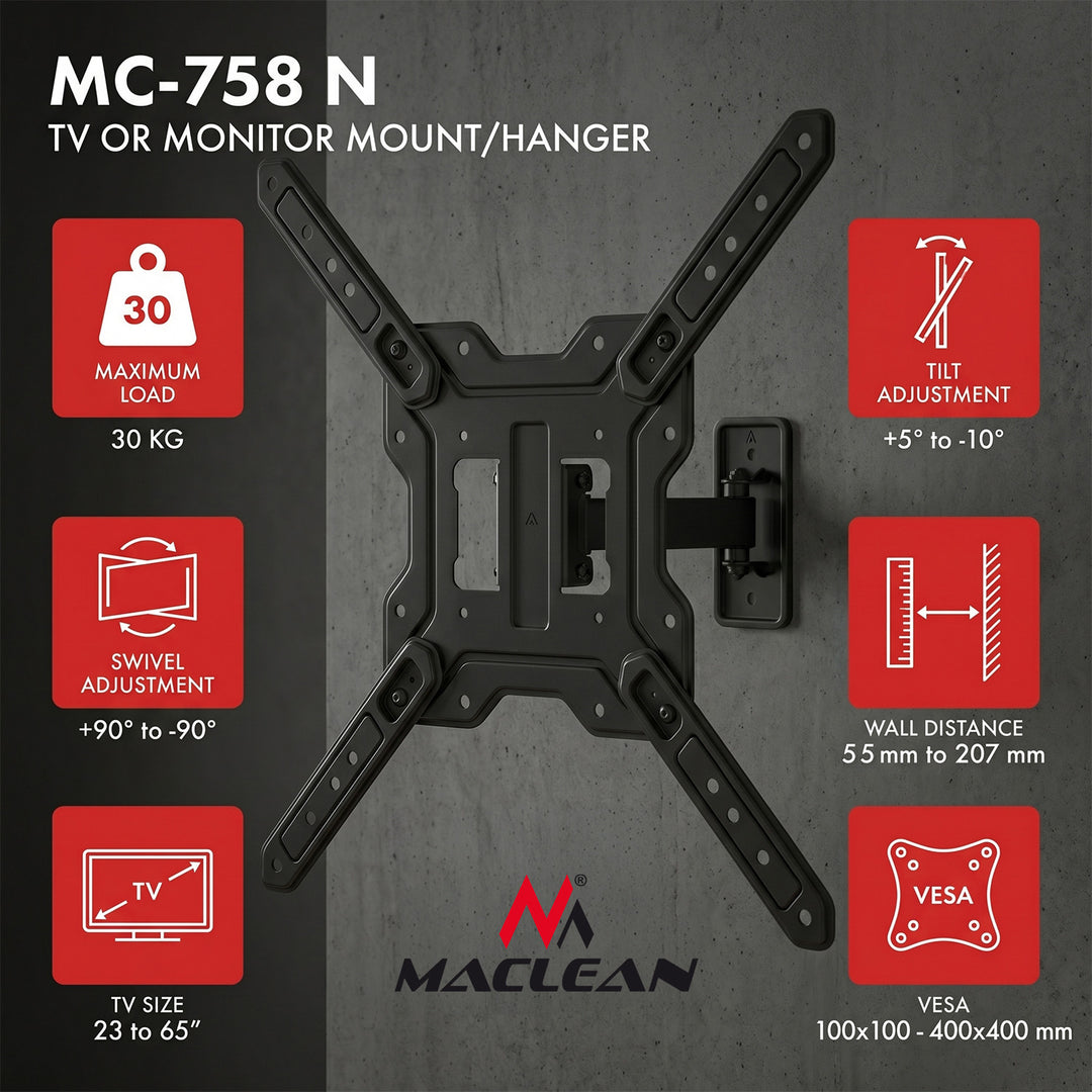Maclean-beslag/ophæng til TV eller skærm, maks. 23-65", maks. belastning 30 kg, universal, maks. VESA 400x400, MC-758 N