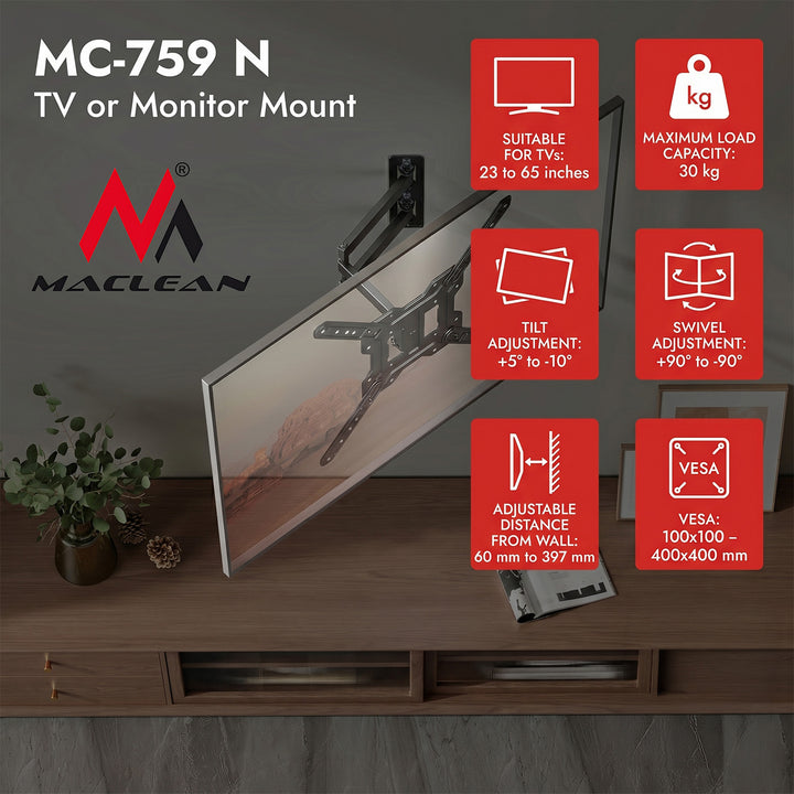 Maclean-beslag/ophæng til TV eller skærm, maks. 23-65", maks. belastning 30 kg, universal, maks. VESA 400x400, MC-759 N