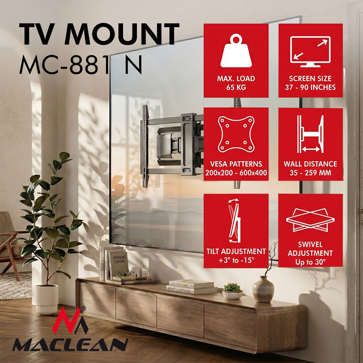 Maclean TV-beslag/ophæng, maks. VESA 600x400, 37-90", maks. belastning 65 kg, sort, MC-881 N