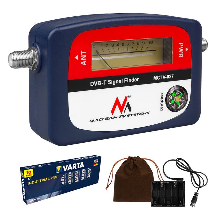 DVB-T Maclean tv-måler, etui, 25 cm F-F-kabel, MCTV-627 + 10x AA-batteri fra Varta Industrial