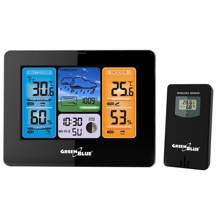 GreenBlue WiFi-vejrstation, kompatibel med TUYA, udendørs sensor, kalender, vejrudsigt, barometer, strømforsyning, batterier, GB215
