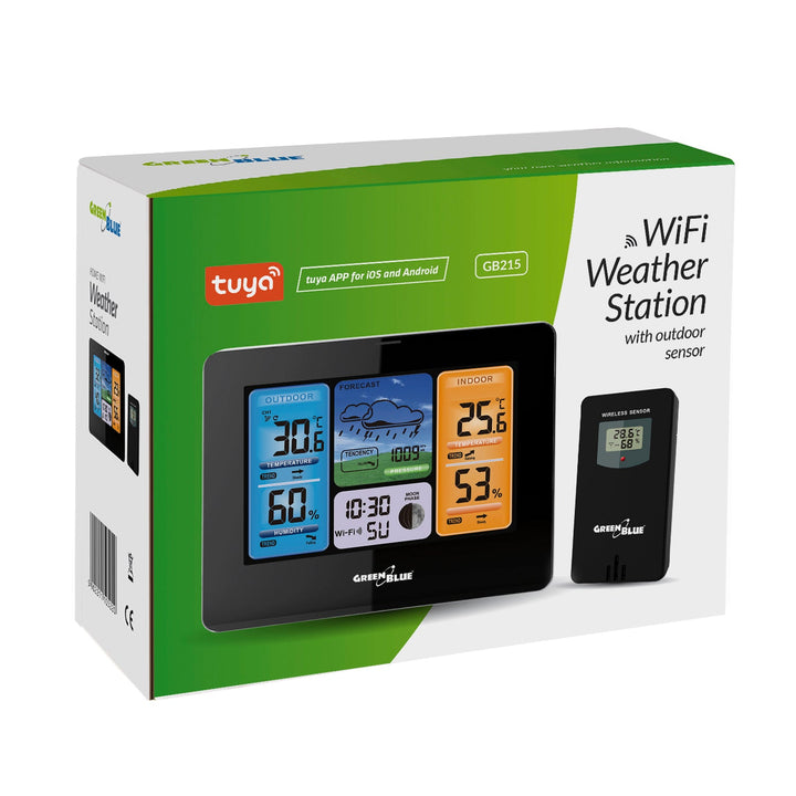 GreenBlue WiFi-vejrstation, kompatibel med TUYA, udendørs sensor, kalender, vejrudsigt, barometer, strømforsyning, batterier, GB215