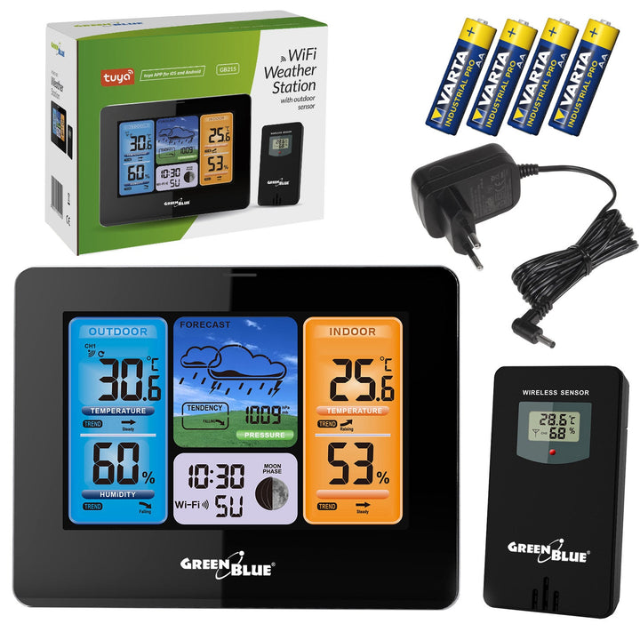 GreenBlue WiFi-vejrstation, kompatibel med TUYA, udendørs sensor, kalender, vejrudsigt, barometer, strømforsyning, batterier, GB215